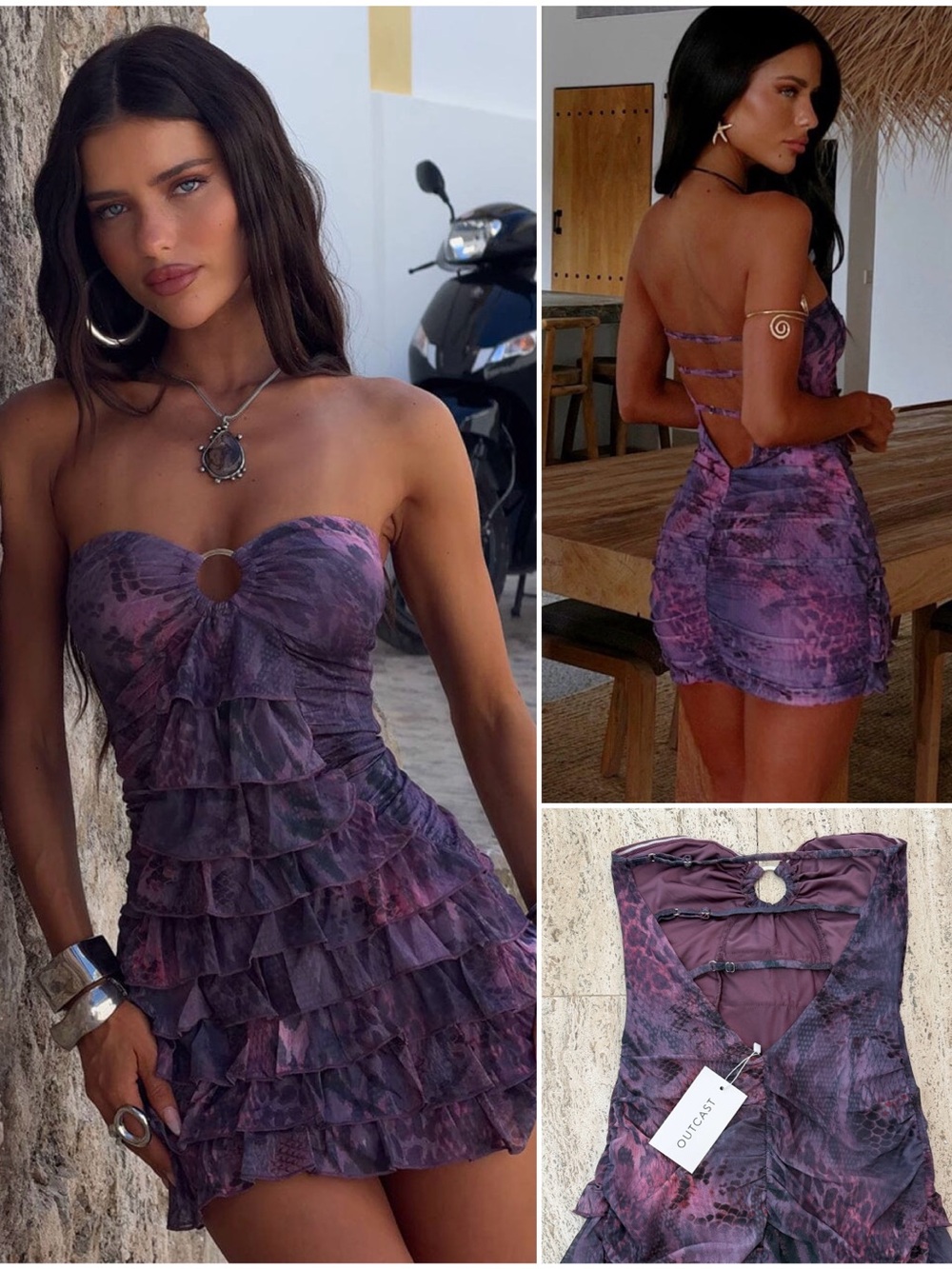 Outcast Anisa Strapless Mesh Ruffle Mini Dress Valentina Purple Snakeskin S NWT